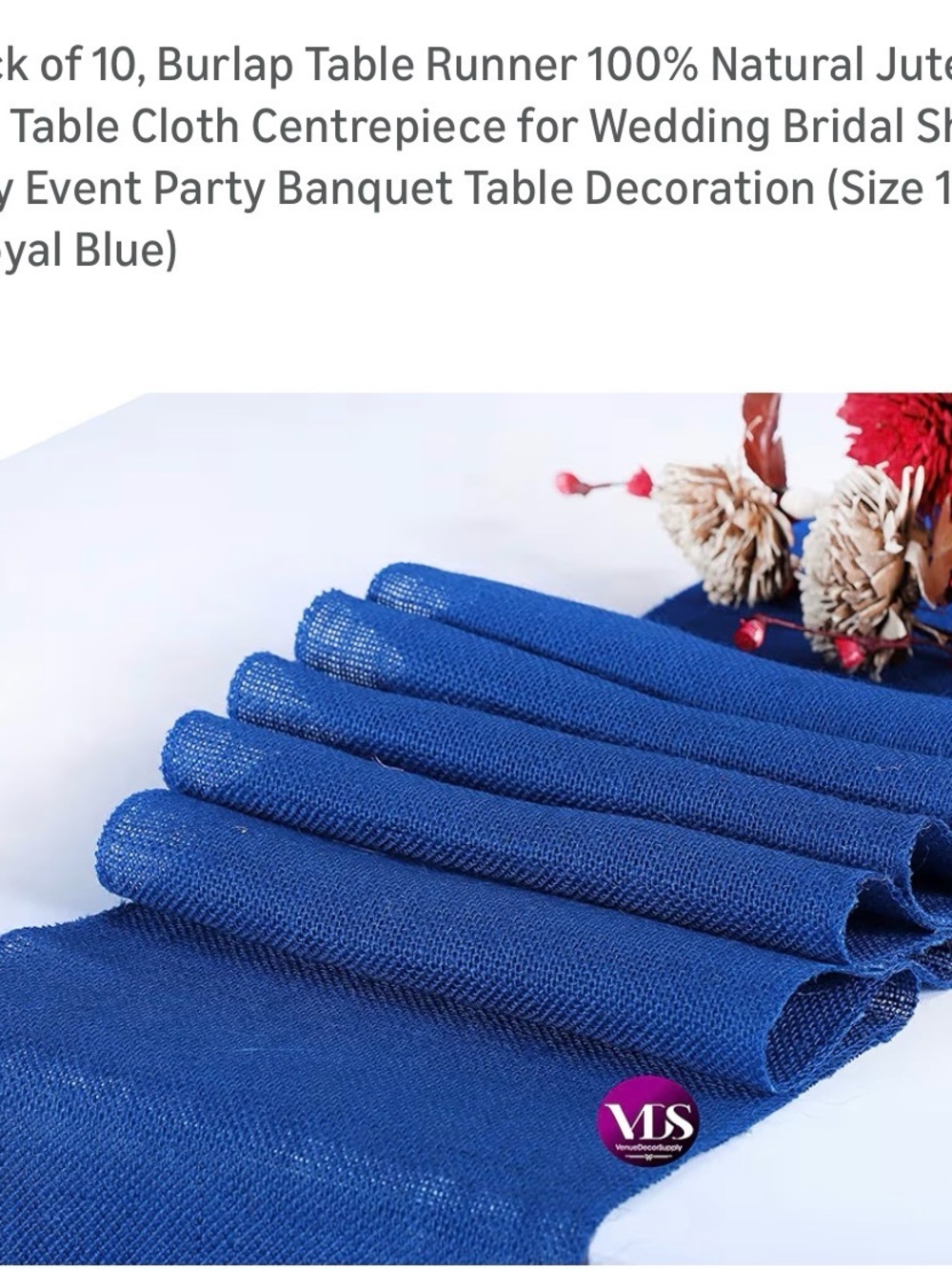 Royal Blue Burlap Table Runner & Square pieces